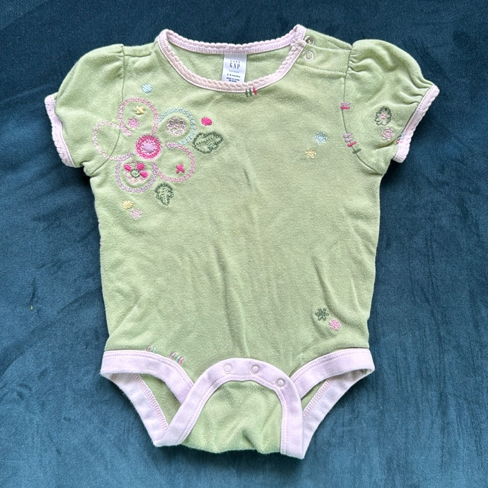 Baby Gap Girls embroidered onesie green with pink trim.